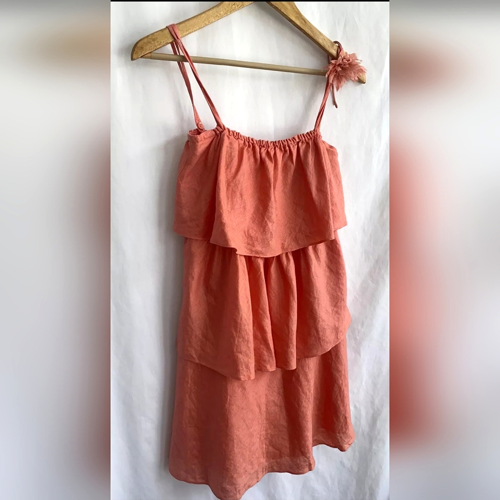 J. Crew Coral Orange Linen Ruffle Tiered Sun Dress w/Spaghetti Straps | Size 6 - Picture 8 of 9